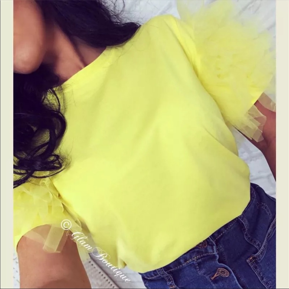 Yellow tulle fluffy puffy sleeve t shirt XL new
